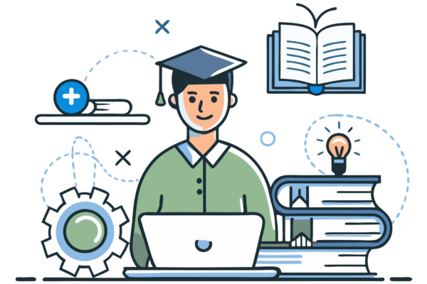 Iconographie d'un jeune homme avec des livres et un ordinateur